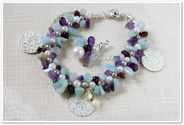 [手作]天河石、珍珠、石榴石與紫水晶手鍊。2款